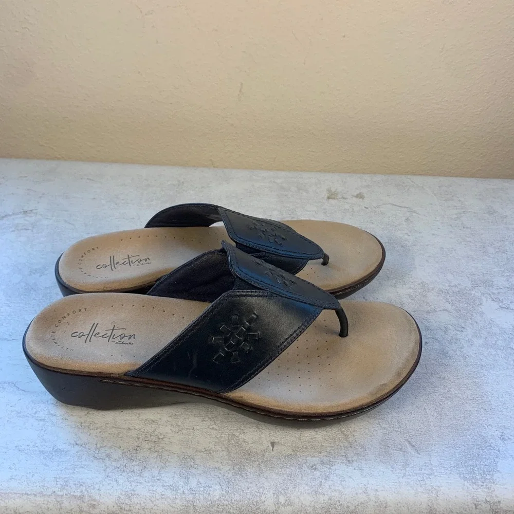 Clarks 8 Sandals Dark Gray Arla Glison Thong Wedge Comfort 261406874055